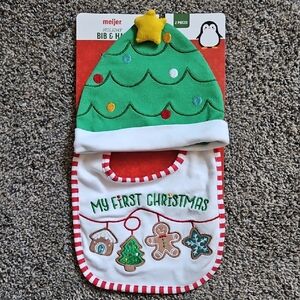 Meijer Festive Green and White Christmas Bib & Hat Set